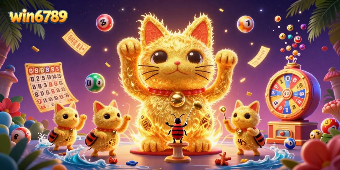 Experience win6789's vibrant casino charm through a lively illustration of a lucky cat and dynamic lottery elements.