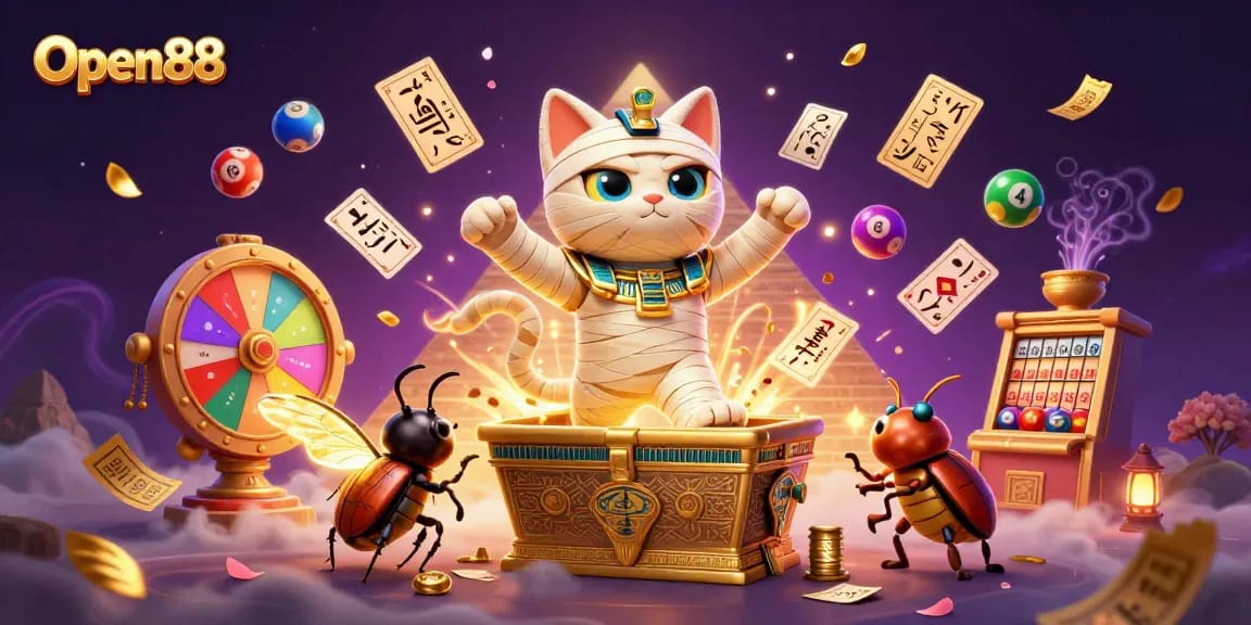 Open88 showcases an energetic scene with the Egyptian mummy cat amidst vibrant gaming elements.