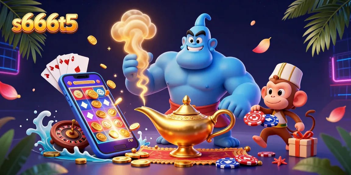 Join the action at s666t5 with this vibrant illustration of a blue genie, monkey, and casino games.