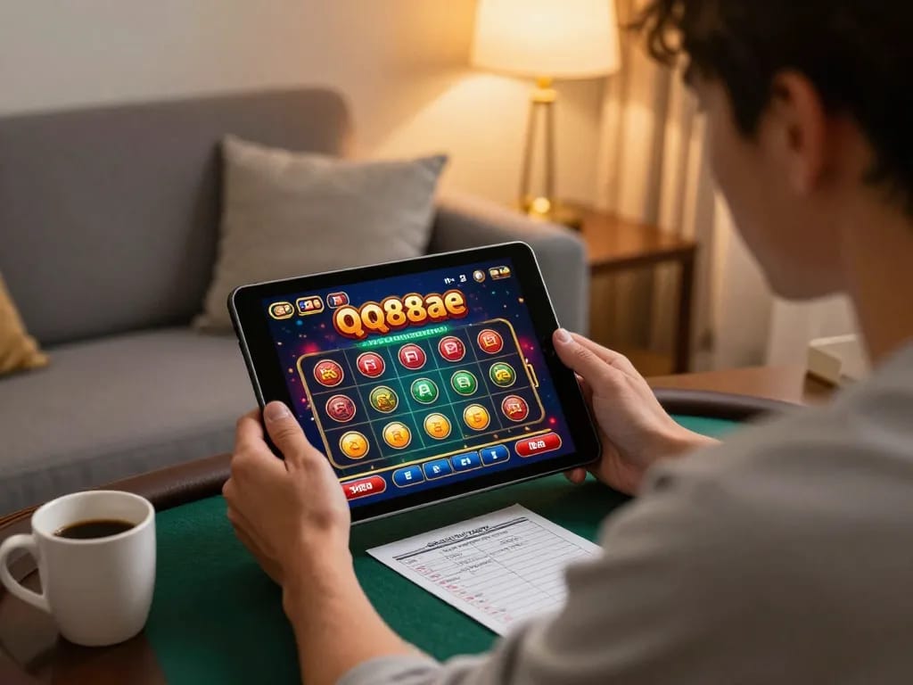 Engaging with the qq88ae online casino platform from home, showcasing a comfortable gaming setup