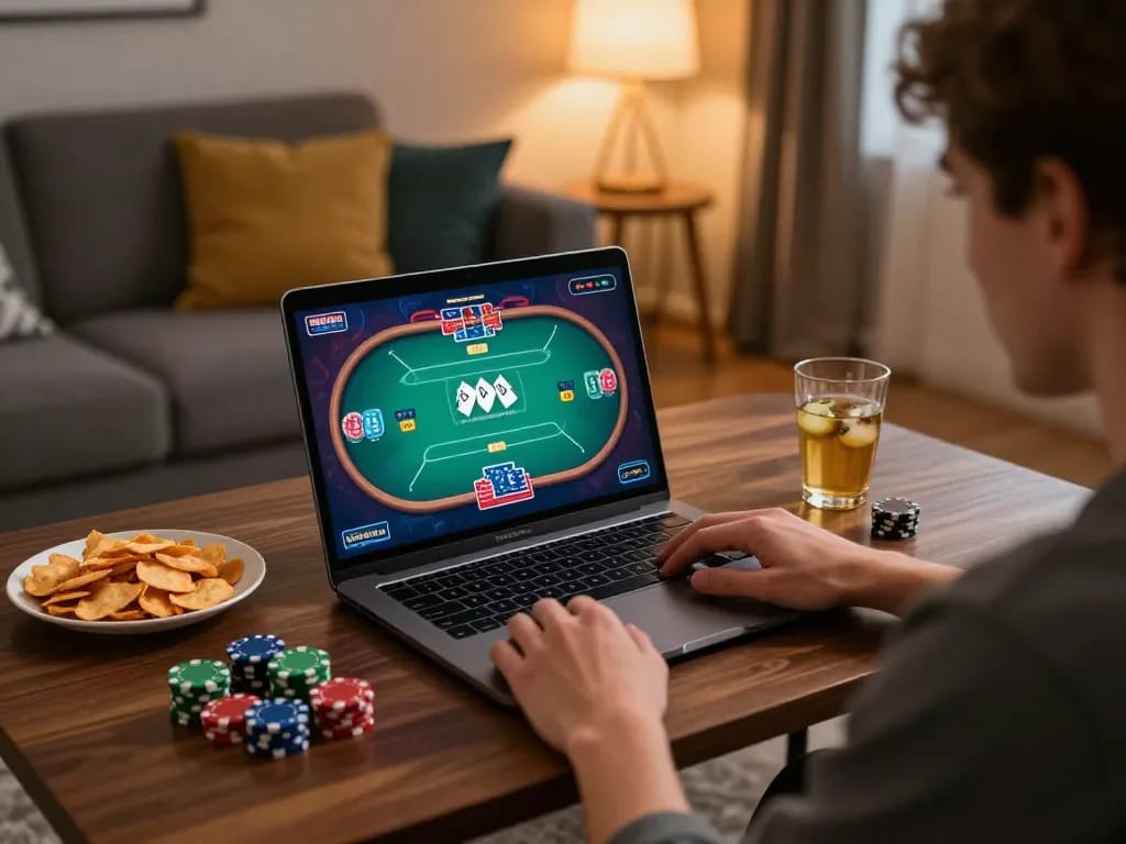 Player enjoying poker on O8's online platform, surrounded by snacks and warm lighting.