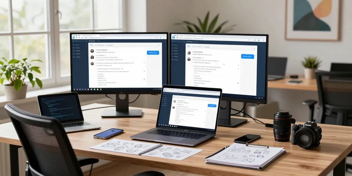 Engaging workspace with Telegram网页版 on laptop, vibrant tech environment.