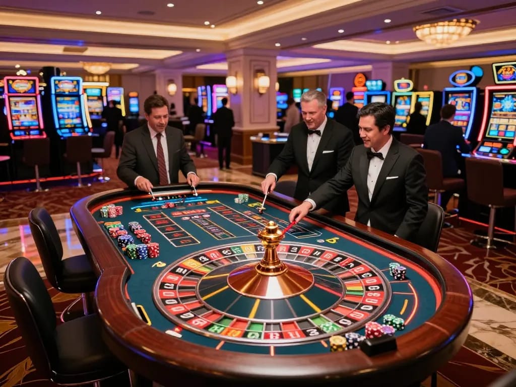 Engaged players at a roulette table in a luxurious casino setting with the O8 brand atmosphere.