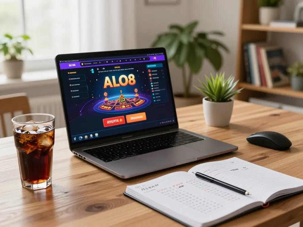 Engaging with link vào alo8 on a laptop during a cozy home gaming session.