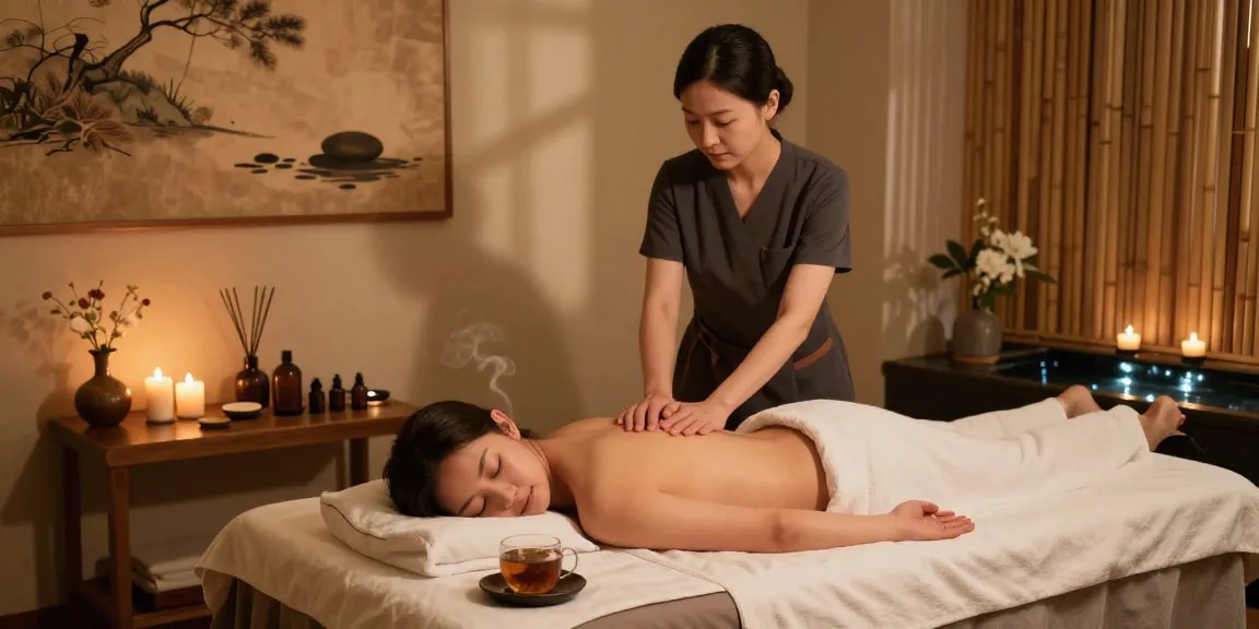 Relaxing spa atmosphere featuring 일산출장마사지 session with gentle therapist, soft lighting, and soothing decor
