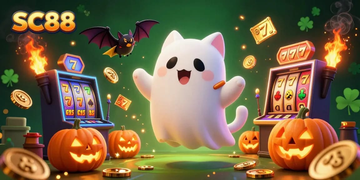 Experience vibrant gaming adventures at SC88 with a ghost cat and vampire bat in a lively casino scene.