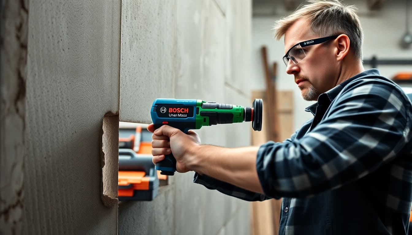 Bosch Uneo Maxx en acción perforando una pared de concreto con precisión.