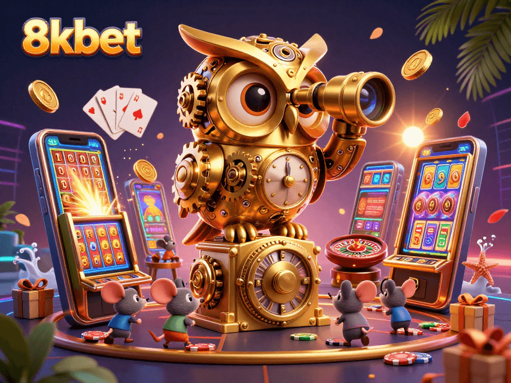 Engage with the immersive 8xbet experience featuring a 3D cartoon clockwork owl within a dynamic casino scene.