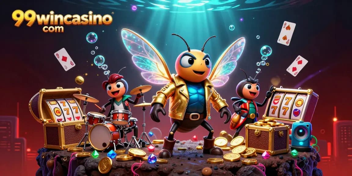 Illustration showcasing 99wincasino com with a cartoon cicada rock star surrounded by casino elements, highlighting a vibrant gaming experience.