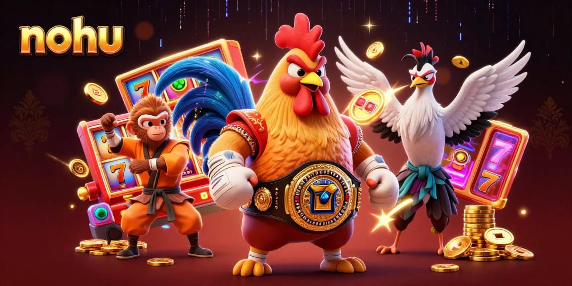 Spin the nohu slot machine in a vibrant 3D casino scene with colorful characters.