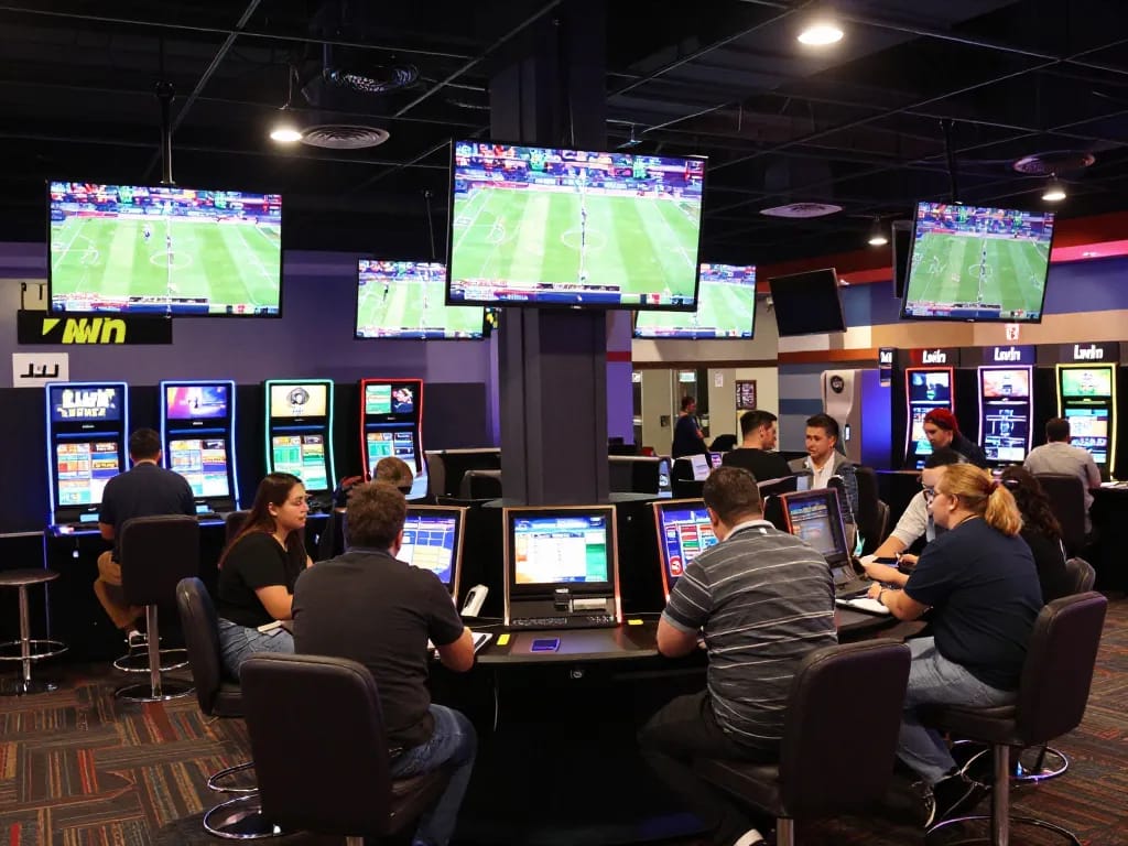 LLwin sports betting enthusiasts placing bets and enjoying live events in a vibrant lounge