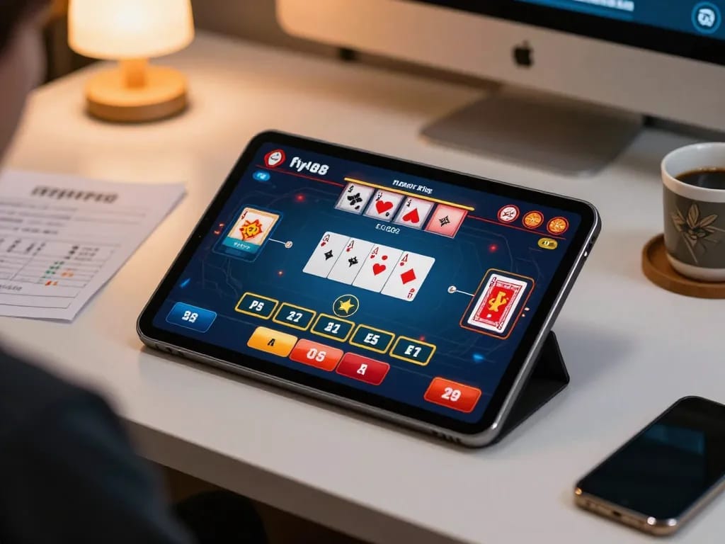 Engaged player strategizing in an online poker game on fly88 platform with betting notes.