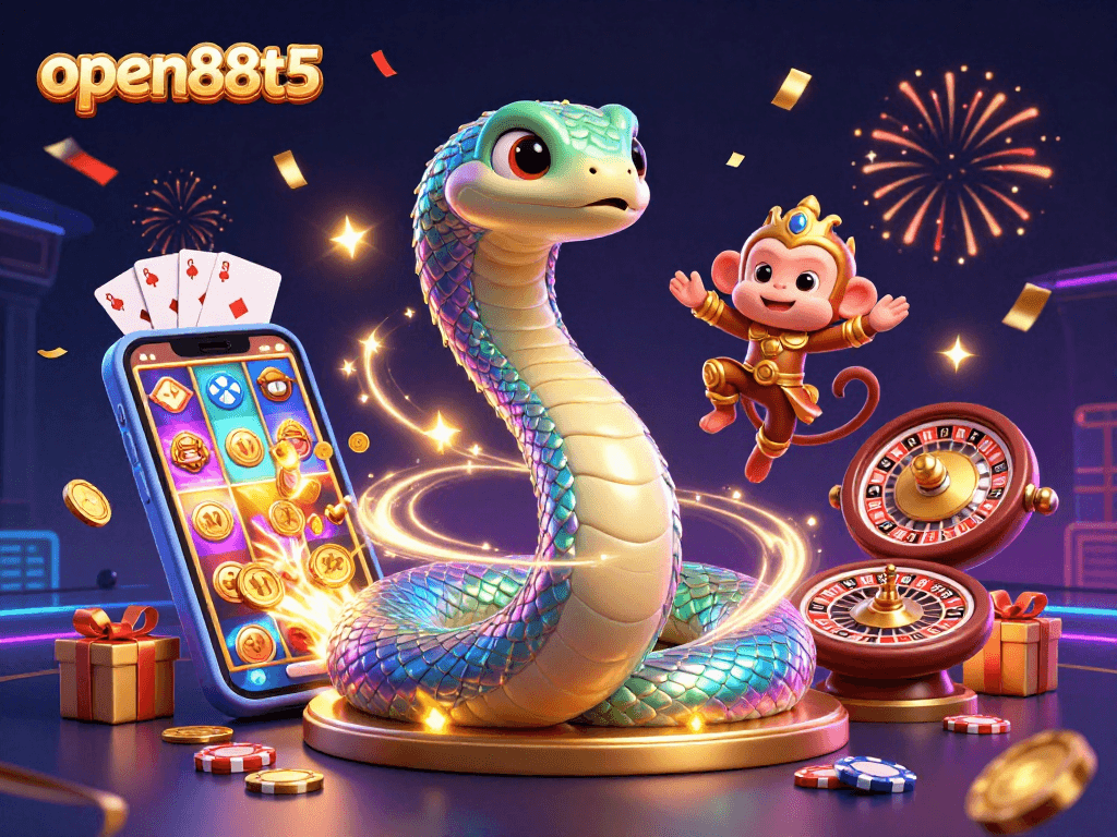 Experience thrilling casino fun with open88t5, featuring vibrant characters like a rainbow serpent and monkey king amidst a colorful slot game!