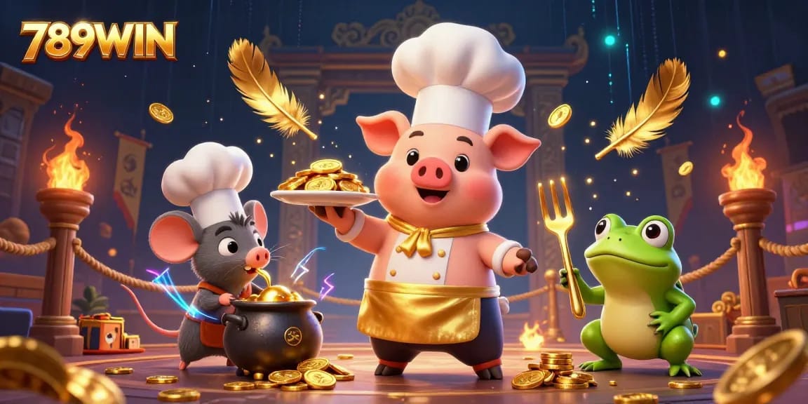 Experience 789WIN's thrilling gameplay with vibrant characters and gold coins, showcasing a chef pig serving luxurious rewards.