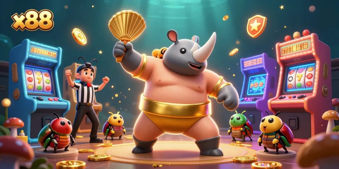 x88 engages players with a vibrant casino scene featuring a beetle champion amid flying coins and colorful arcade elements.