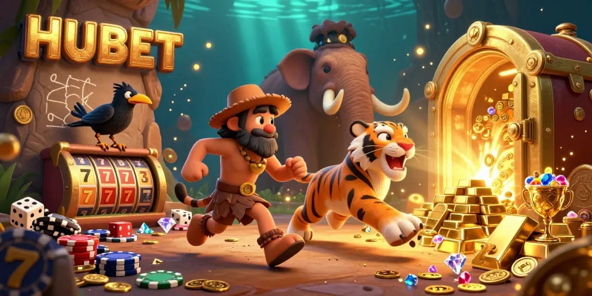 Experience HUBET's vibrant casino world with a dynamic scene featuring a caveman duo, treasures, and game elements.