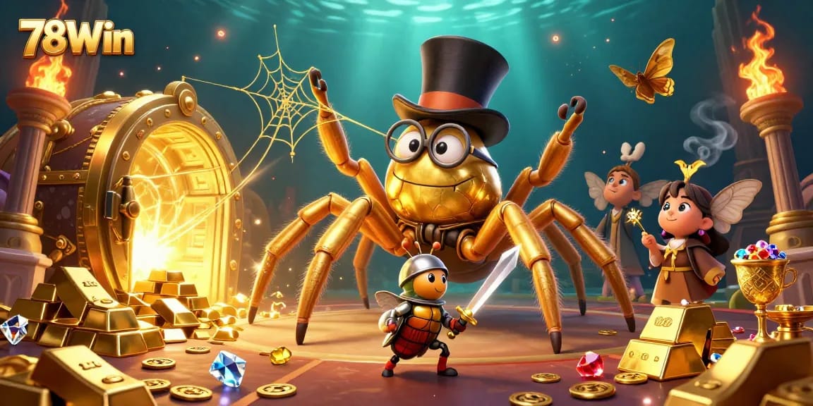 Experience the excitement of 78Win with a vibrant 3D casino illustration featuring golden treasures and brave characters.