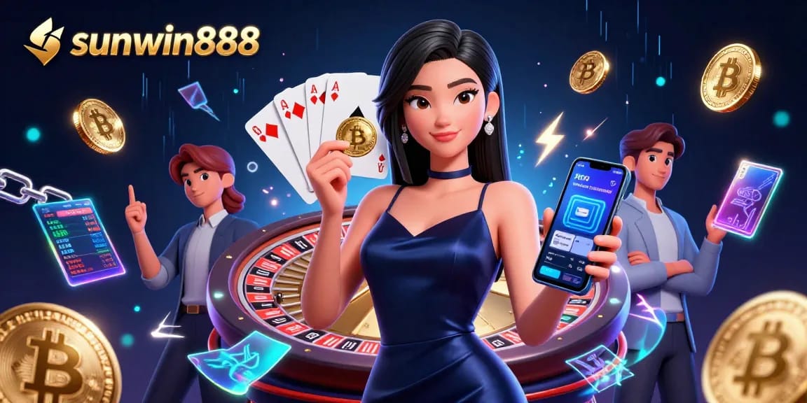 Join the thrill at sunwin888 casino, featuring an elegant Asian woman in a dynamic gaming scene.