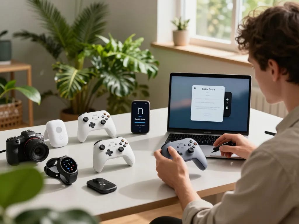 Modern workspace showcasing must have tech gadgets including Bluetooth controllers, smart devices, and innovative tools in a bright setting.