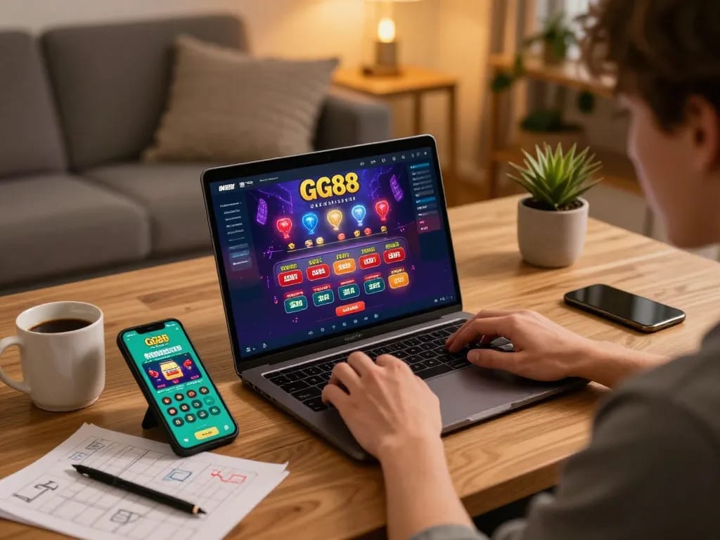 Active user engaging with GG88 online casino on laptop and smartphone in a cozy home environment.