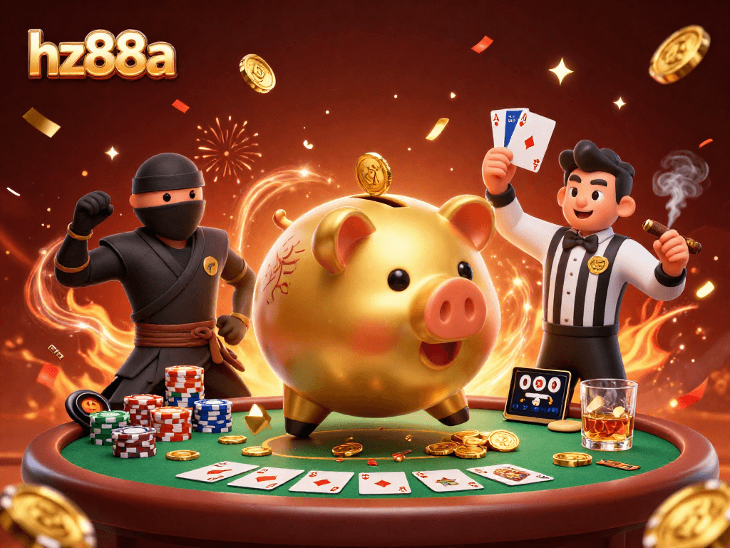 Players engage with the hz88a online casino, showcased with a dynamic scene of colorful poker elements and energetic characters.