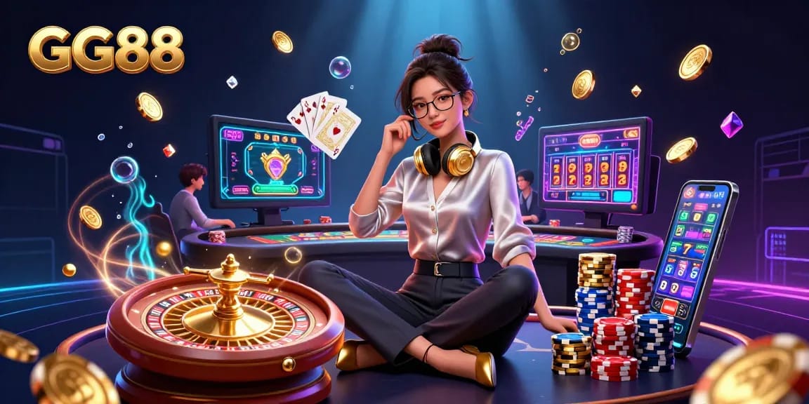 Win big with GG88 at a vibrant gaming setup featuring spinning roulette, flying coins, and poker chips.