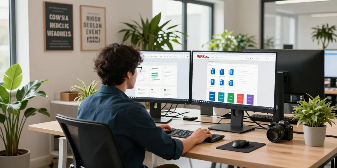 Engaged professional exploring the WPS Official Website in a modern workspace, showcasing productivity tools and document management.