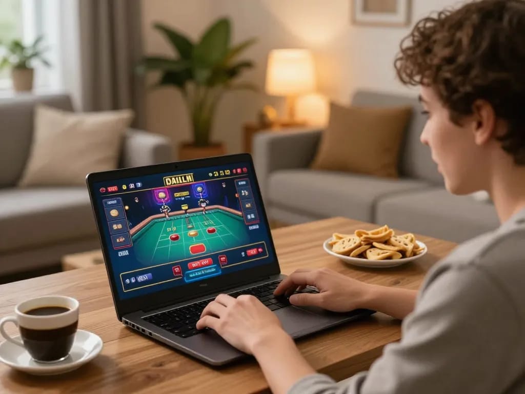 Person enjoying live dealer gaming at home on XX88 platform, highlighting responsible entertainment.