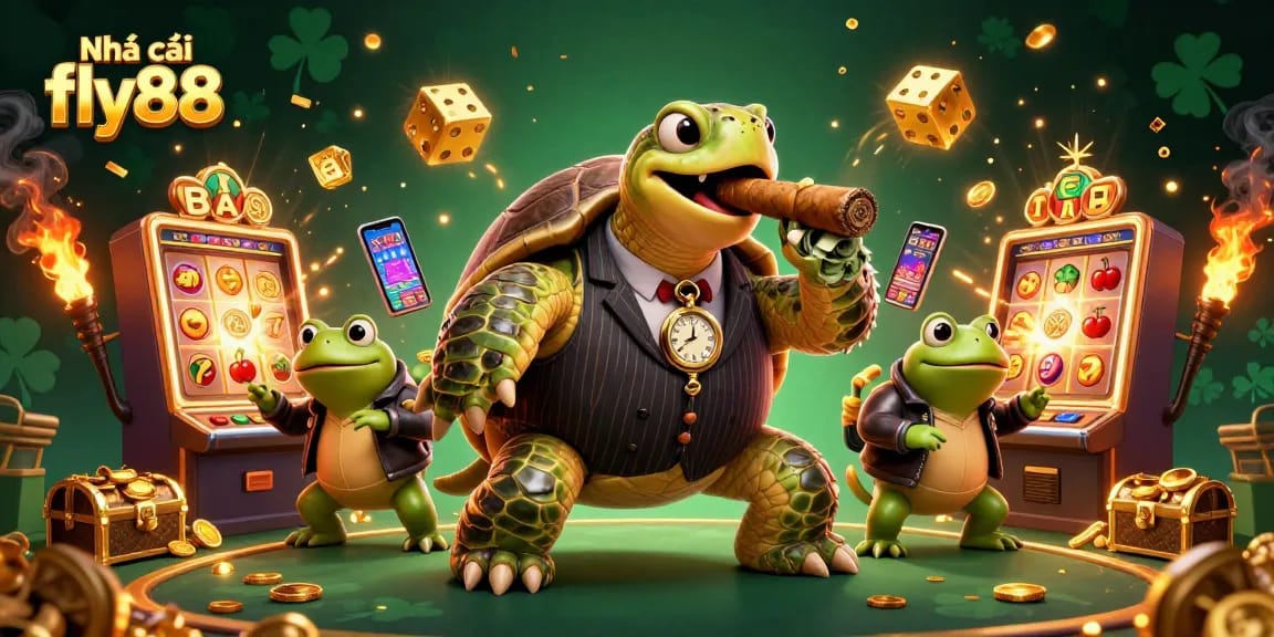 Nhà cái fly88 showcases a vibrant casino scene with cartoon turtle and bullfrogs amidst jackpot explosions and gaming excitement.