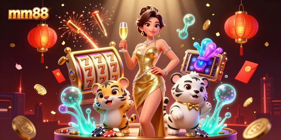 Experience the excitement of mm88 with a glamorous night at the casino, featuring a lady in gold and a lucky tiger!