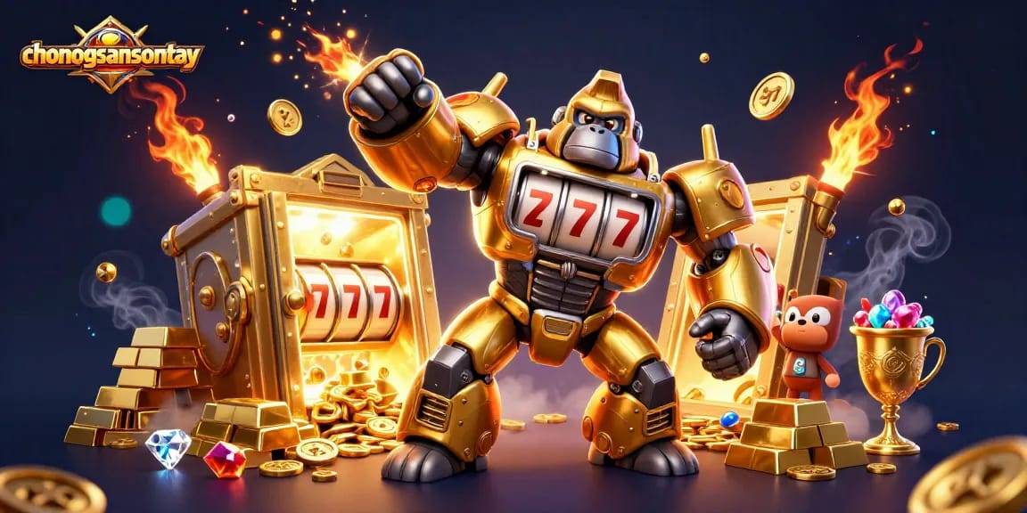 Play exciting slot adventures at chonongsansontay with a dynamic illustration of a golden gorilla mech and treasure.