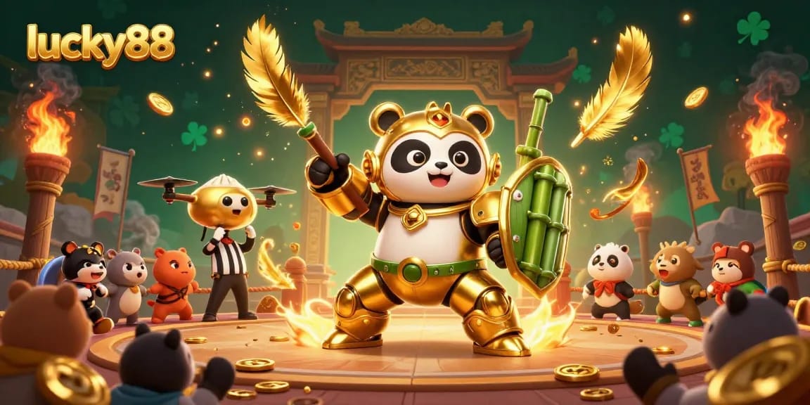 Experience the excitement of lucky88 as a golden panda battles in a vibrant casino arena.