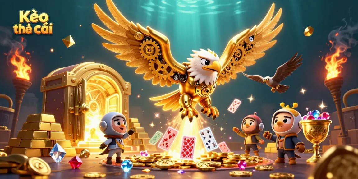 Place your bets confidently with Kèo nhà cái as a golden eagle dives through dazzling playing cards.
