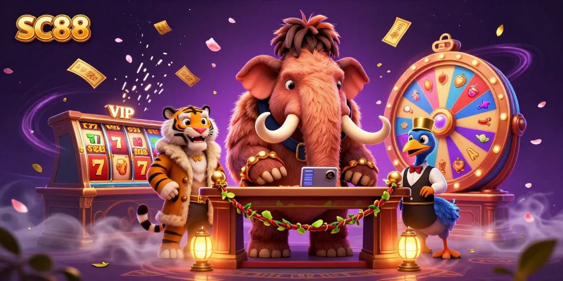 Experience thrilling moments at SC88 with a whimsical casino scene featuring a woolly mammoth bouncer and vibrant slot games.
