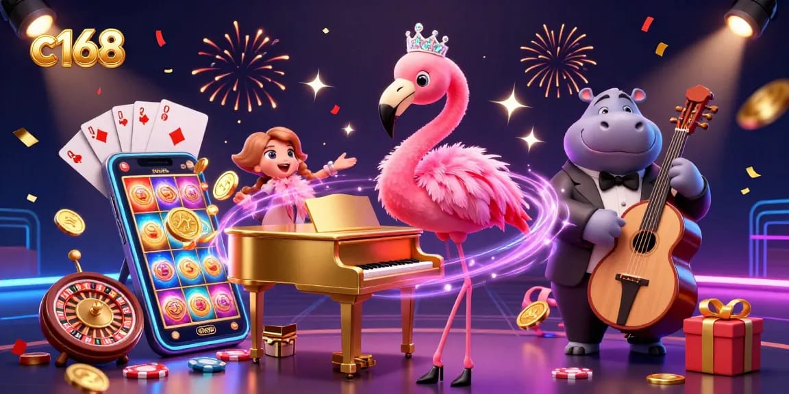 Experience exhilarating games at c168's vibrant online casino, showcasing stunning 3D characters and interactive casino elements.