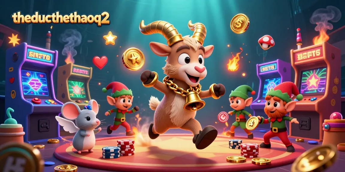 Engage with theducthethaoq2's thrilling casino adventures featuring a festive goat and mischievous elves.