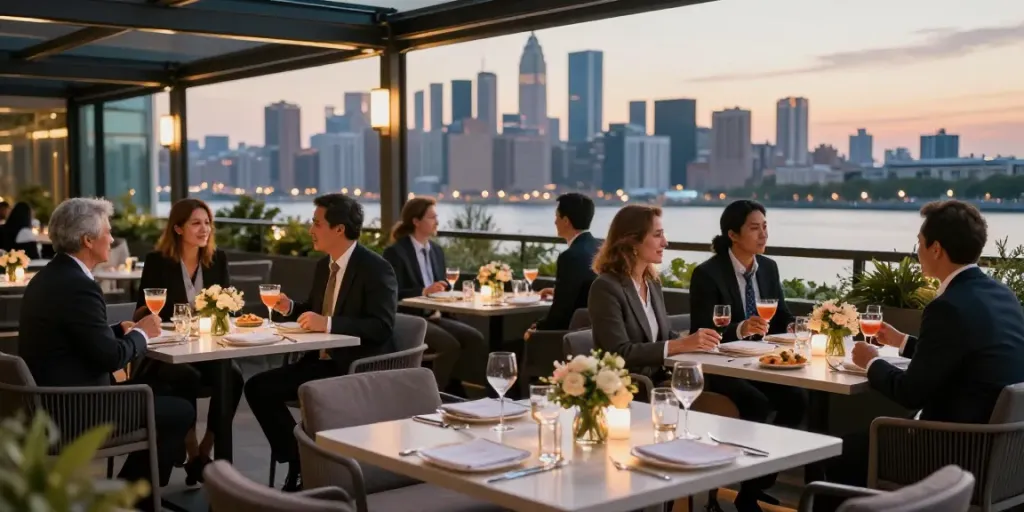 Professionals genieten van een elegante terrassetting voor evenementen met stadszicht, ideaal voor bedrijfsbijeenkomsten.