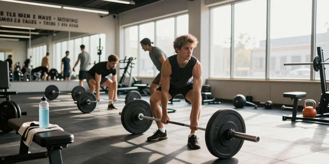 Entrenador levantando pesas en Esteroidesshop, ambiente moderno y motivador en el gimnasio.