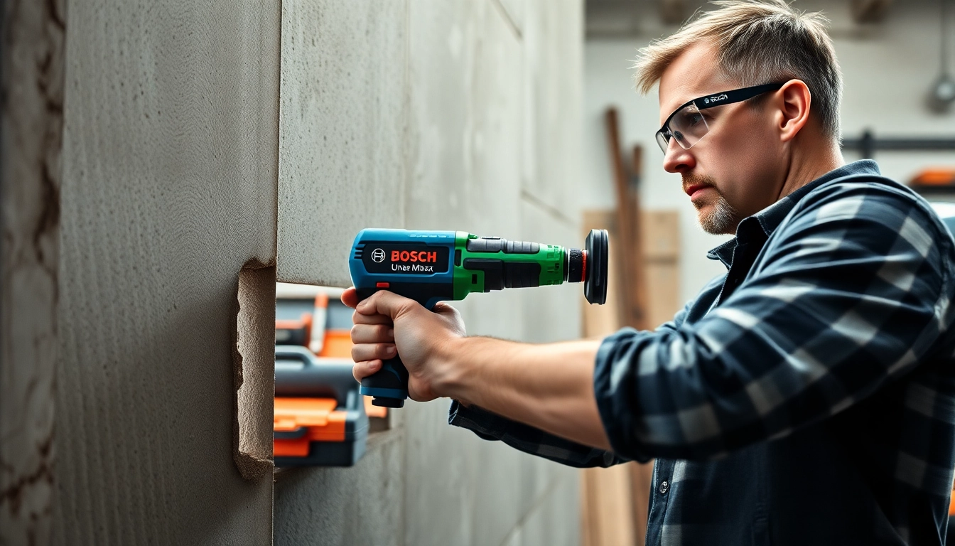 Bosch Uneo Maxx en acción perforando una pared de concreto con precisión.