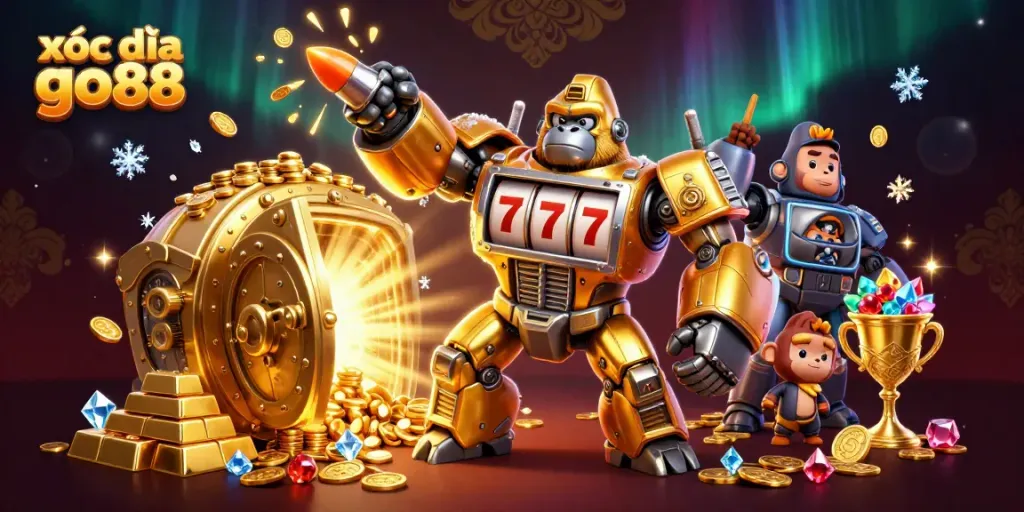 Engage in xóc đĩa go88 with a golden gorilla mech depicting excitement and rewards from casino games.
