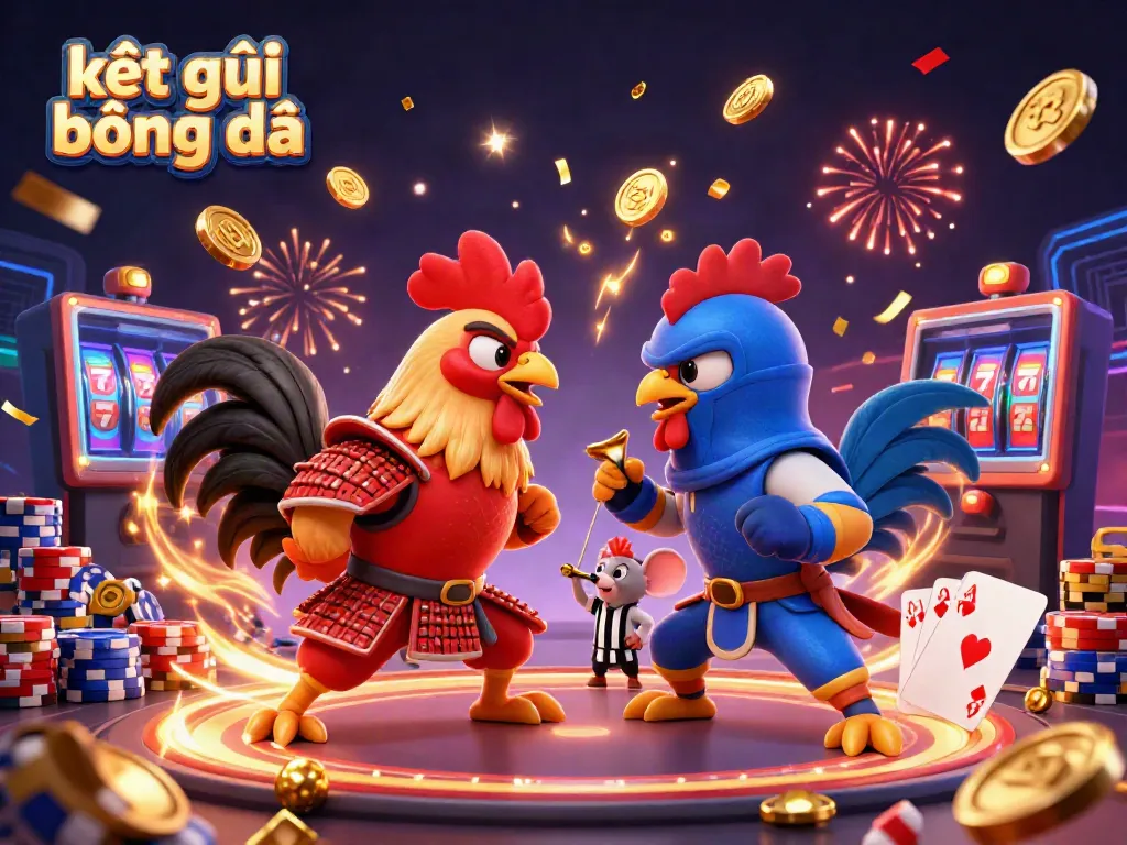 Engage in kết quả bóng đá excitement with cartoon roosters in combat, vibrant casino elements!