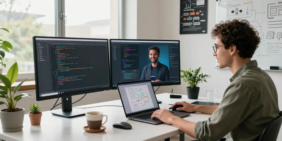 Build internal tools with AI in a modern workspace featuring a developer, coding screens, and an AI assistant.
