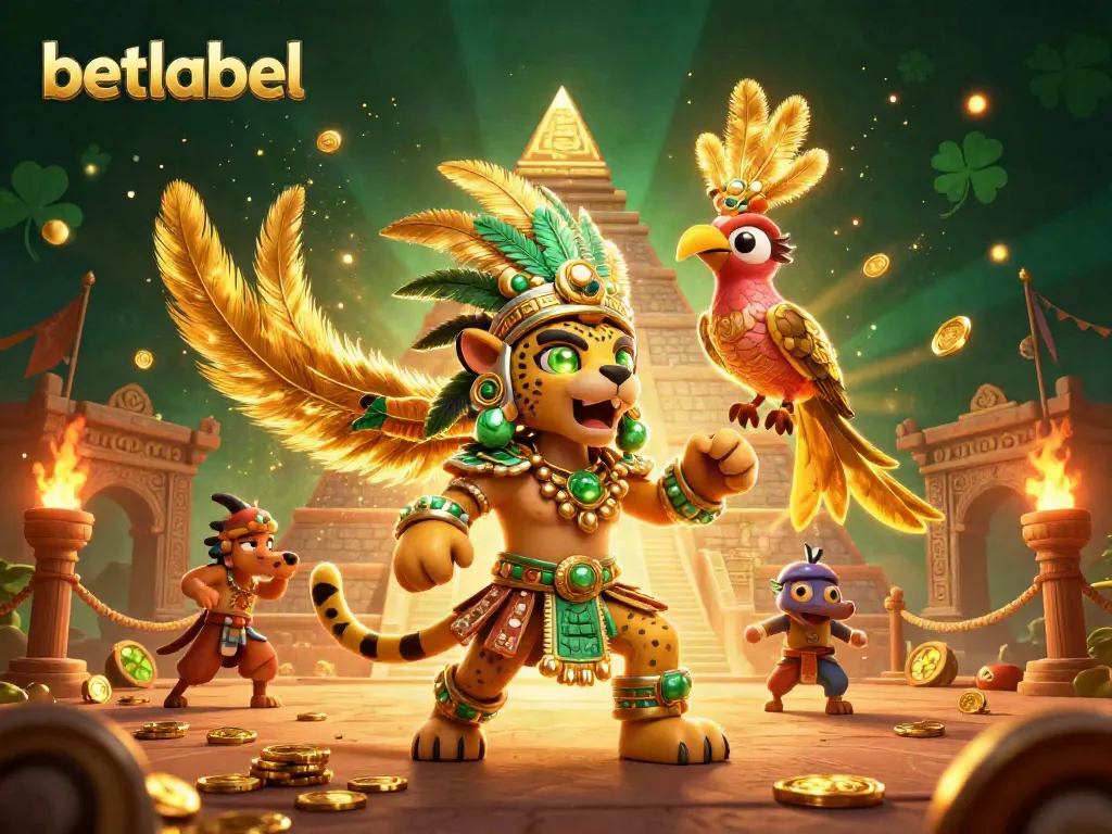 Betlabel showcases an energetic Mayan-themed casino scene with jaguar priest and golden feathers.