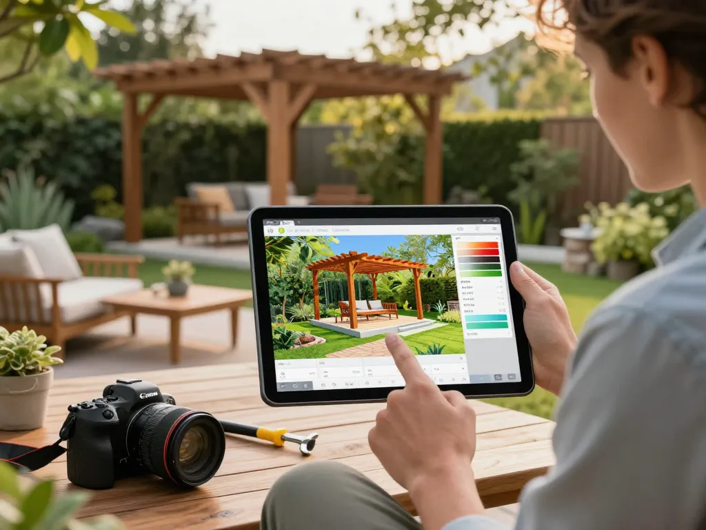 Configuador 3D atractivo para presupuestos para pérgolas y verandas con diseñador en un vibrante entorno exterior.