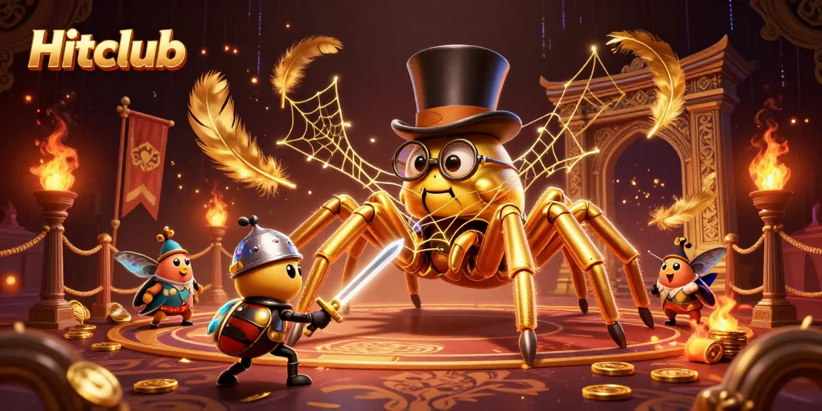 Experience the thrilling Hitclub gaming scene with a whimsical golden tarantula and valiant beetle knight.