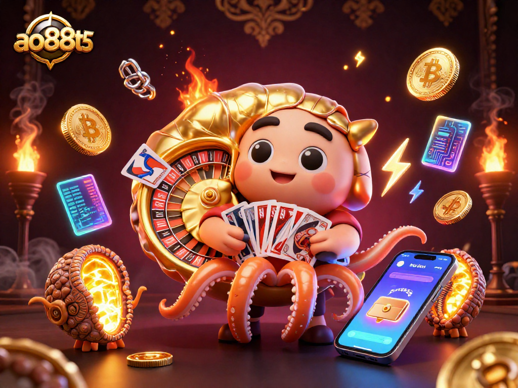 Join the ao88t5 gaming action with unique cards and crypto symbols in a vibrant casino scene.