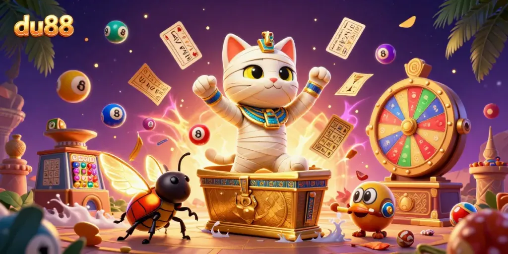 Experience the thrills at du88 with a colorful casino scene featuring dynamic characters and vibrant elements.