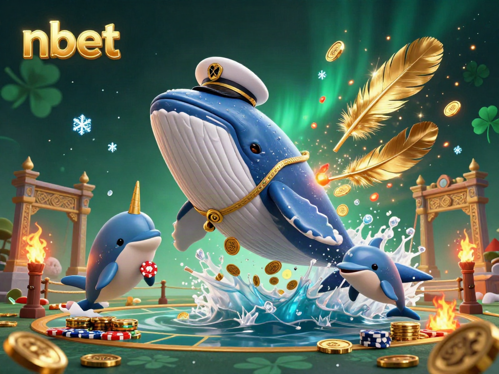 Engaging scene with nbet-themed characters of a whale and dolphins interacting with casino elements including poker chips and coins.