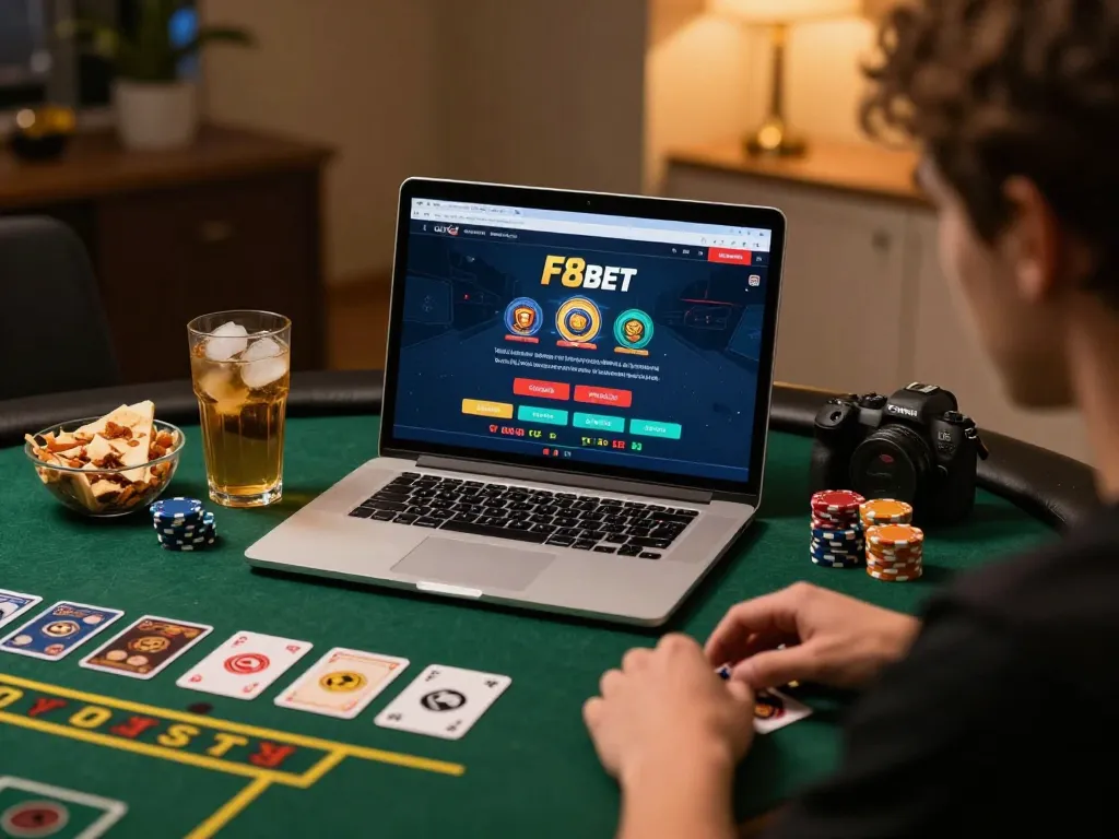 Engaged player exploring F8bet casino on a modern laptop in a cozy gaming setup