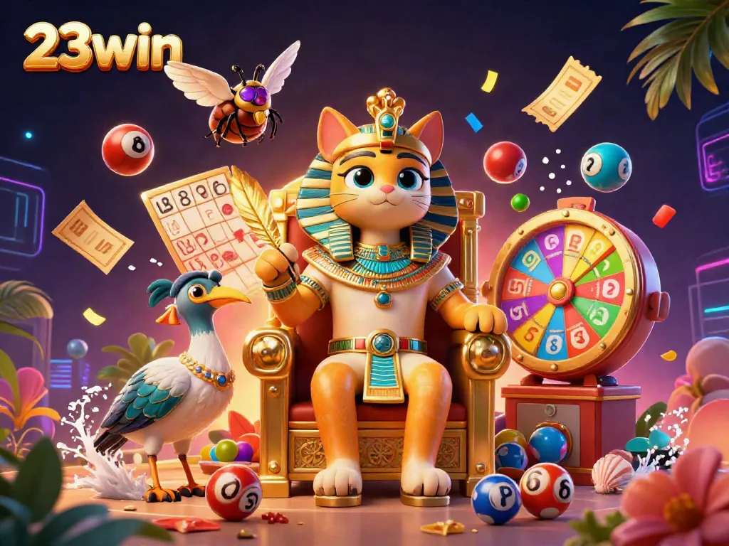 Experience the thrill of 23win with vibrant lottery elements and a captivating Egyptian pharaoh cat scene.